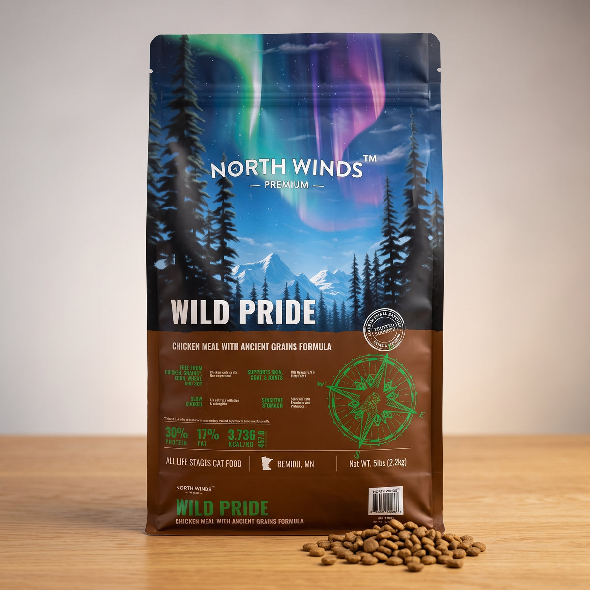 North Winds Premium Wild Pride Chicken Meal Cat Food bag on a wood table with kibble