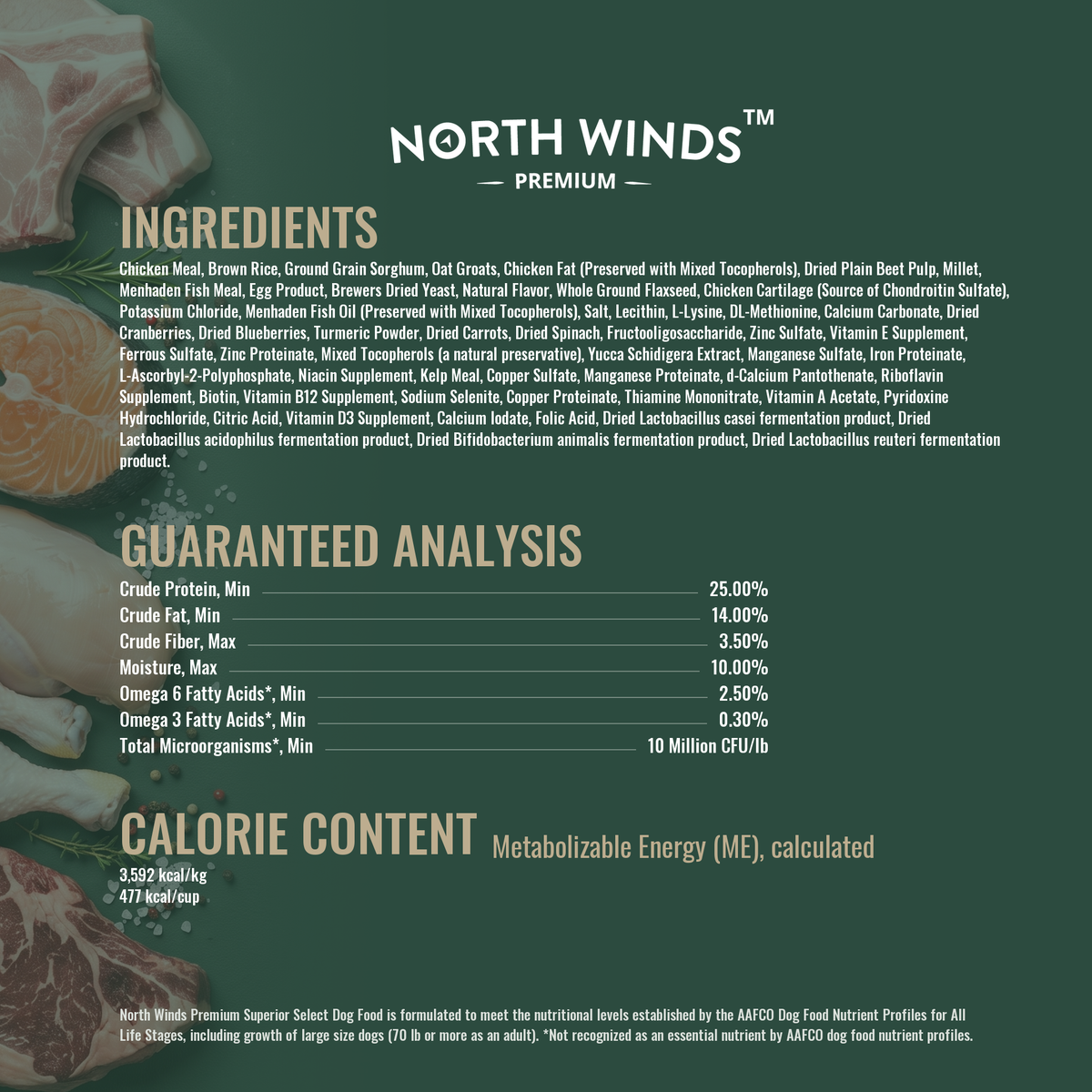 North Winds Premium Superior Select Chicken Meal Dog Food, Ancient Grains ingredients, guaranteed analysis and calorie content