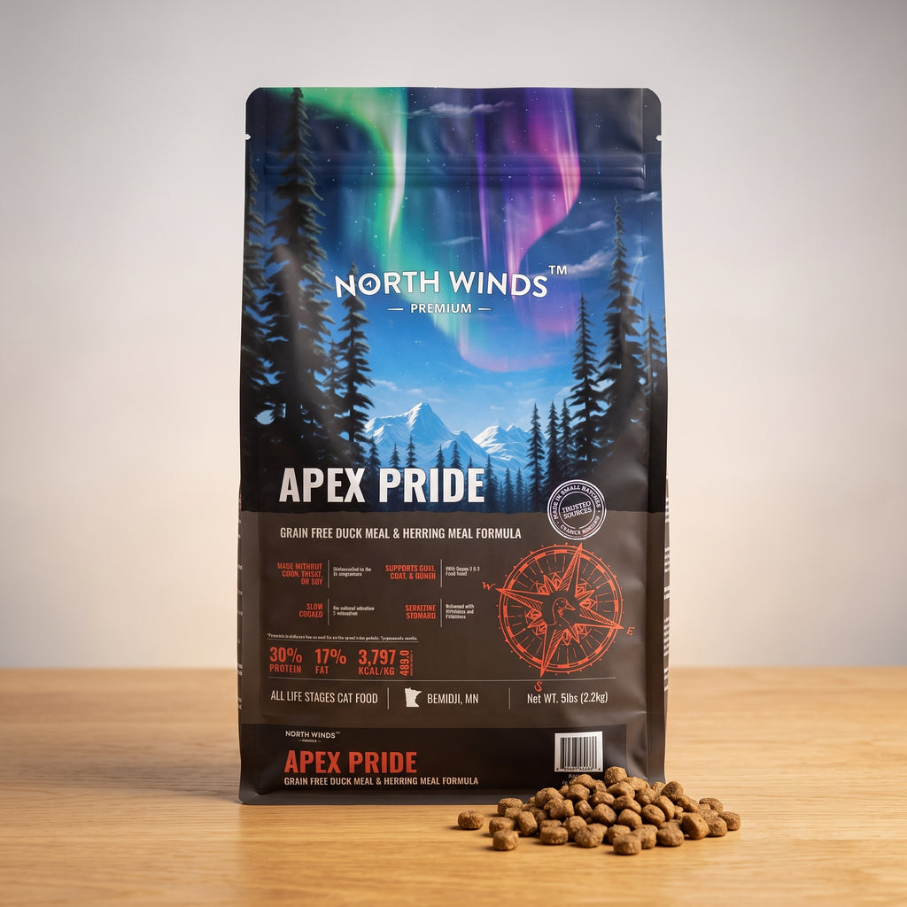 North Winds Premium Apex Pride Grain-Free Duck & Herring Cat Food bag on a wood table with kibble