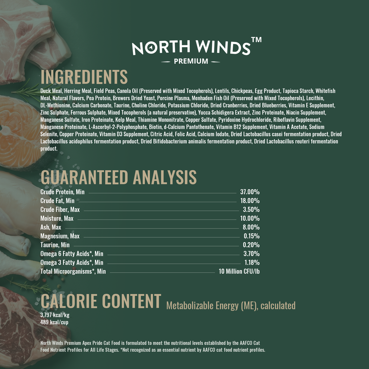 North Winds Premium Apex Pride Grain-Free Duck & Herring Cat Food ingredients, guaranteed analysis and calorie content