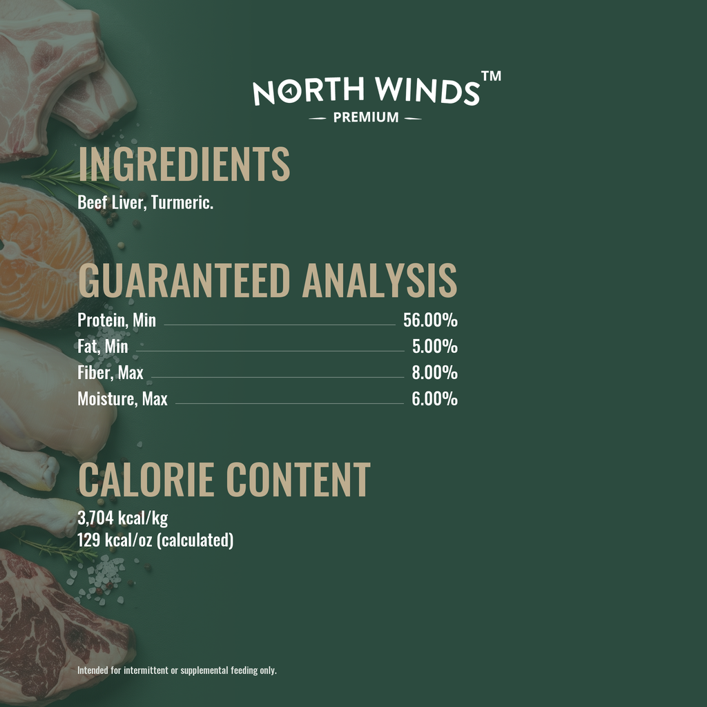North Winds Premium Haven Freeze Dried Beef Liver with Turmeric Topper 4.5 oz ingredients and guaranteed analysis