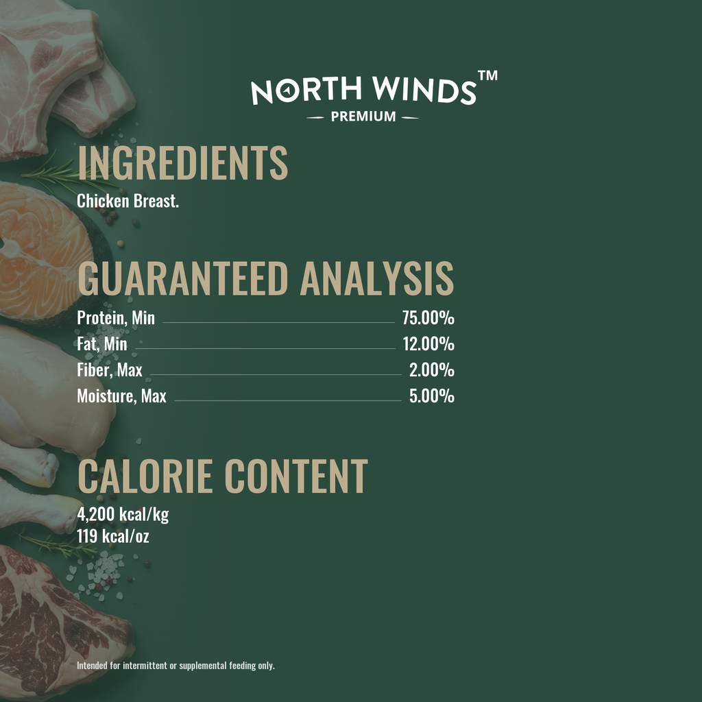 North Winds Premium Haven Freeze Dried Chicken Breast 3 oz ingredients and guaranteed analysis