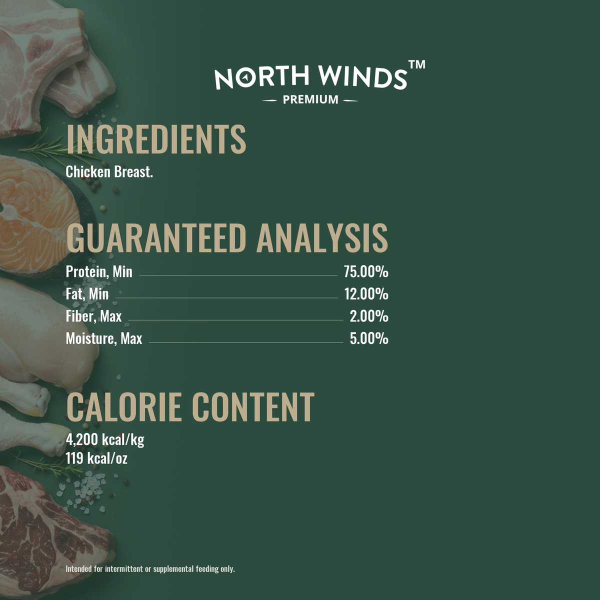 North Winds Premium Haven Freeze Dried Chicken Breast 3 oz ingredients and guaranteed analysis