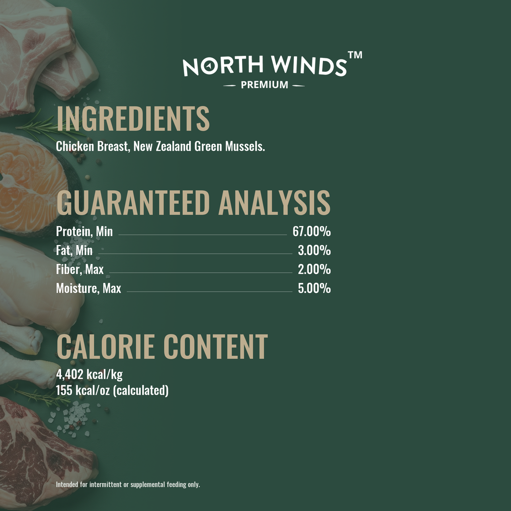 North Winds Premium Haven Freeze Dried Chicken Breast with New Zealand Green Mussels Topper 5 oz ingredients and guaranteed analysis