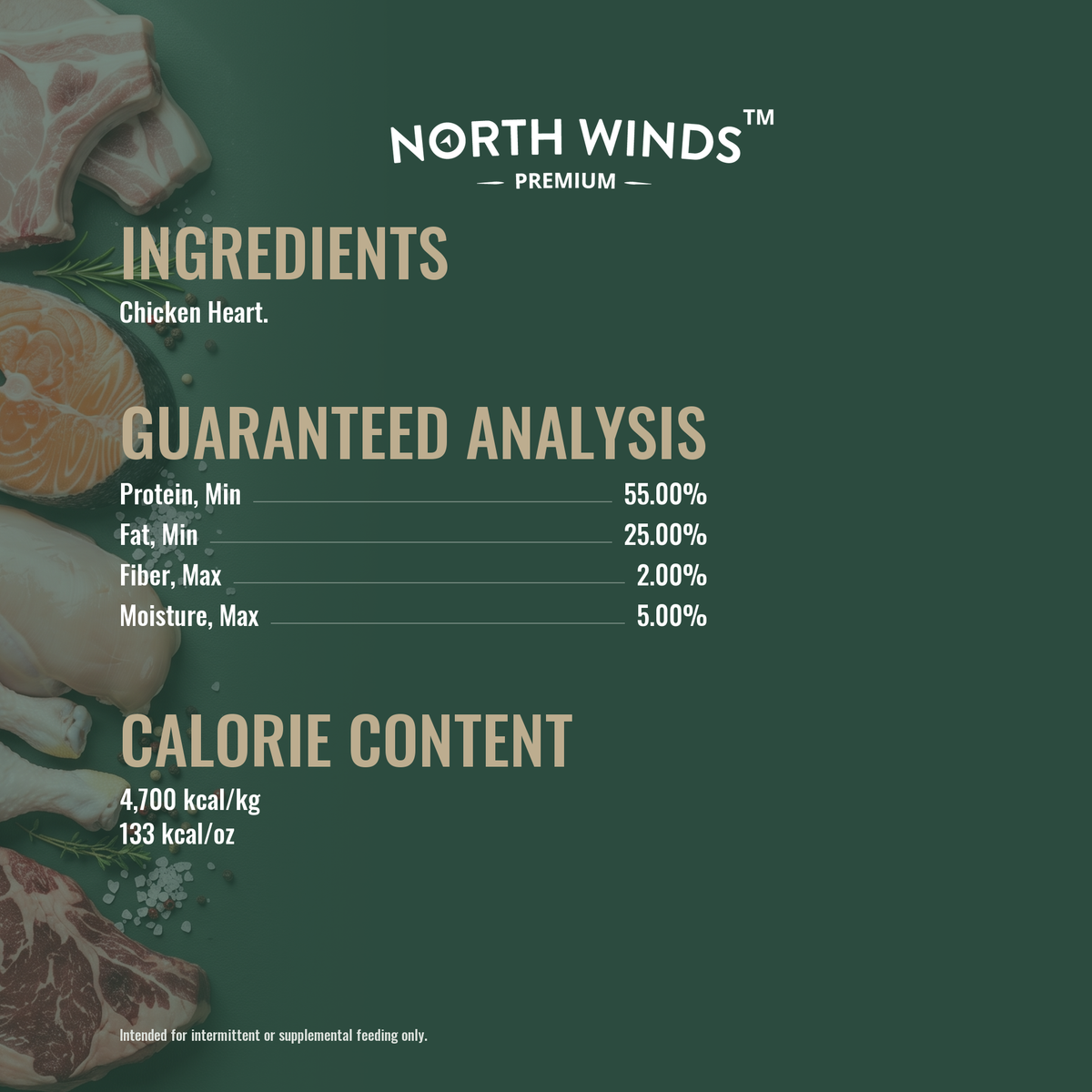 North Winds Premium Haven Freeze Dried Chicken Heart 3 oz ingredients and guaranteed analysis