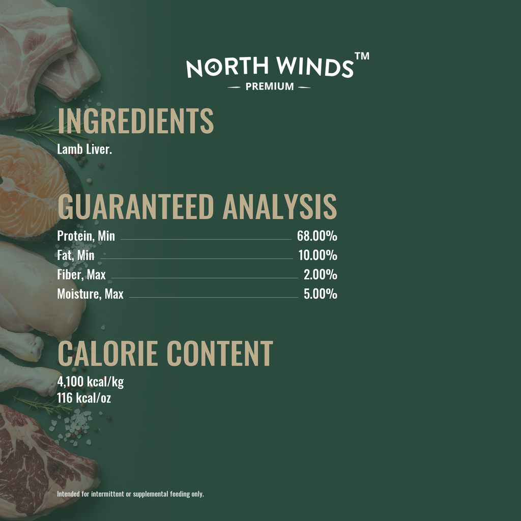 North Winds Premium Haven Freeze Dried Lamb Liver 3 oz ingredients and guaranteed analysis