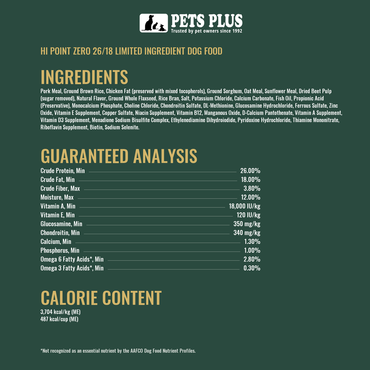 Hi Point ZERO 26/18 Limited Ingredient Dog Food ingredients, guaranteed analysis and calorie content