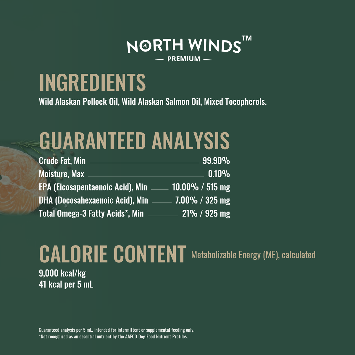 True Course Wild Alaskan Fish Oil ingredients, guaranteed analysis and calorie content