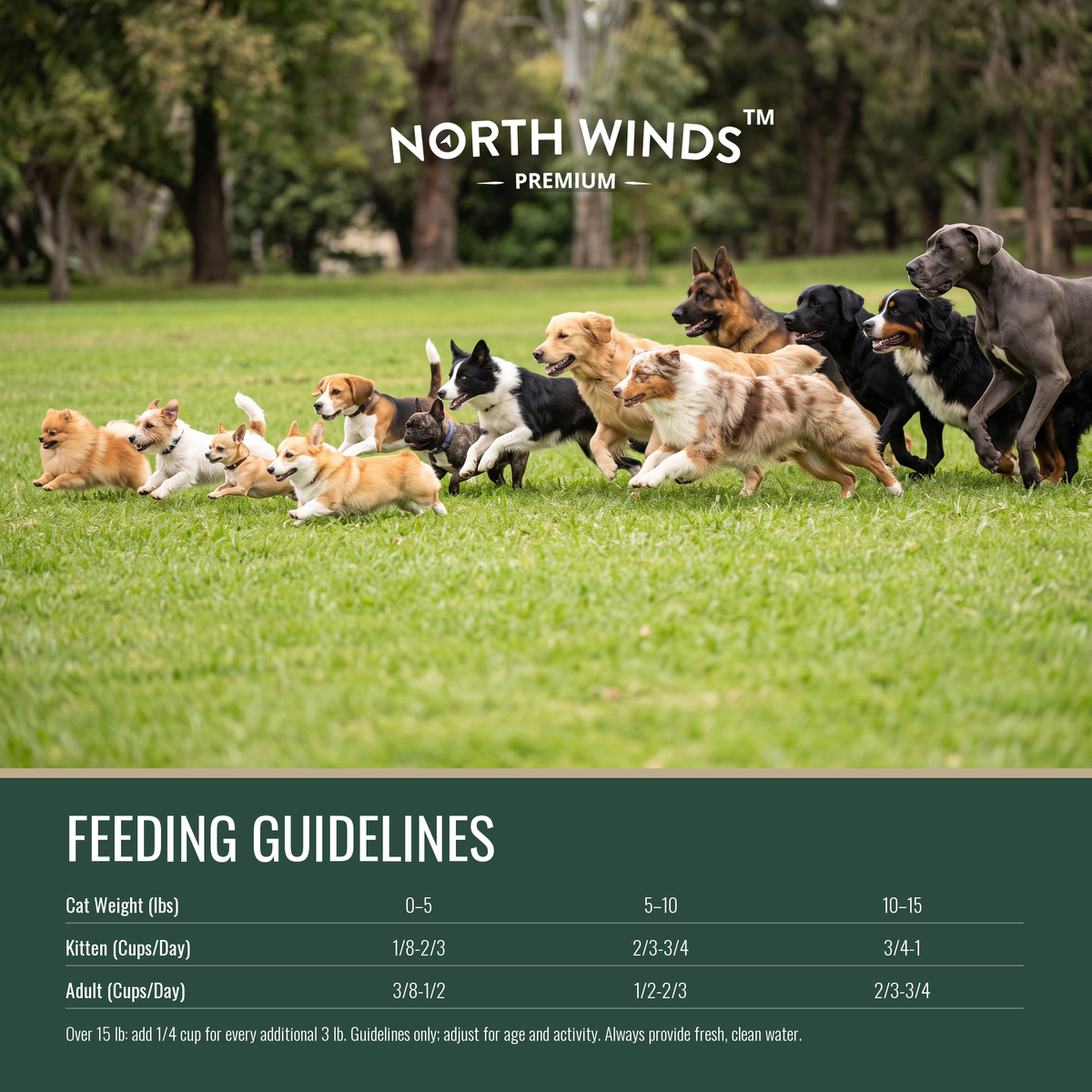 North Winds Premium Apex Pride Grain-Free Duck & Herring Cat Food feeding guidelines by cat weight