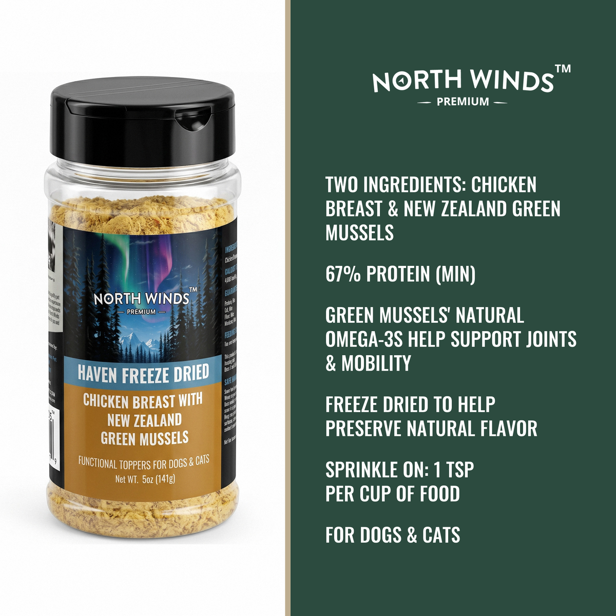 North Winds Premium Haven Freeze Dried Chicken Breast with New Zealand Green Mussels Topper 5 oz key features