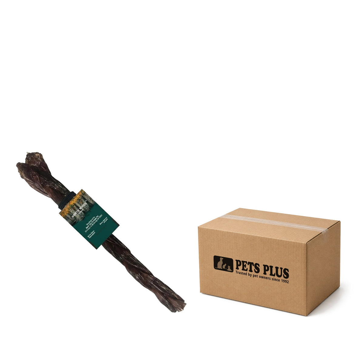 North Winds Premium Beef Gullet Braided 12 inch, case of 30, with a Pets Plus shipping case