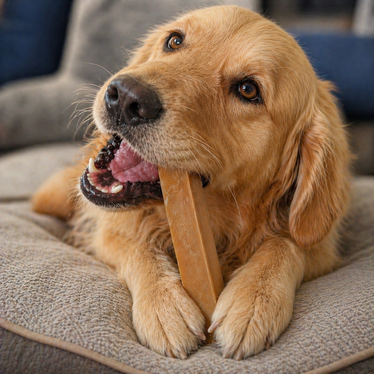 Golden Retriever with a North Winds Premium Bully Stick on the couch
