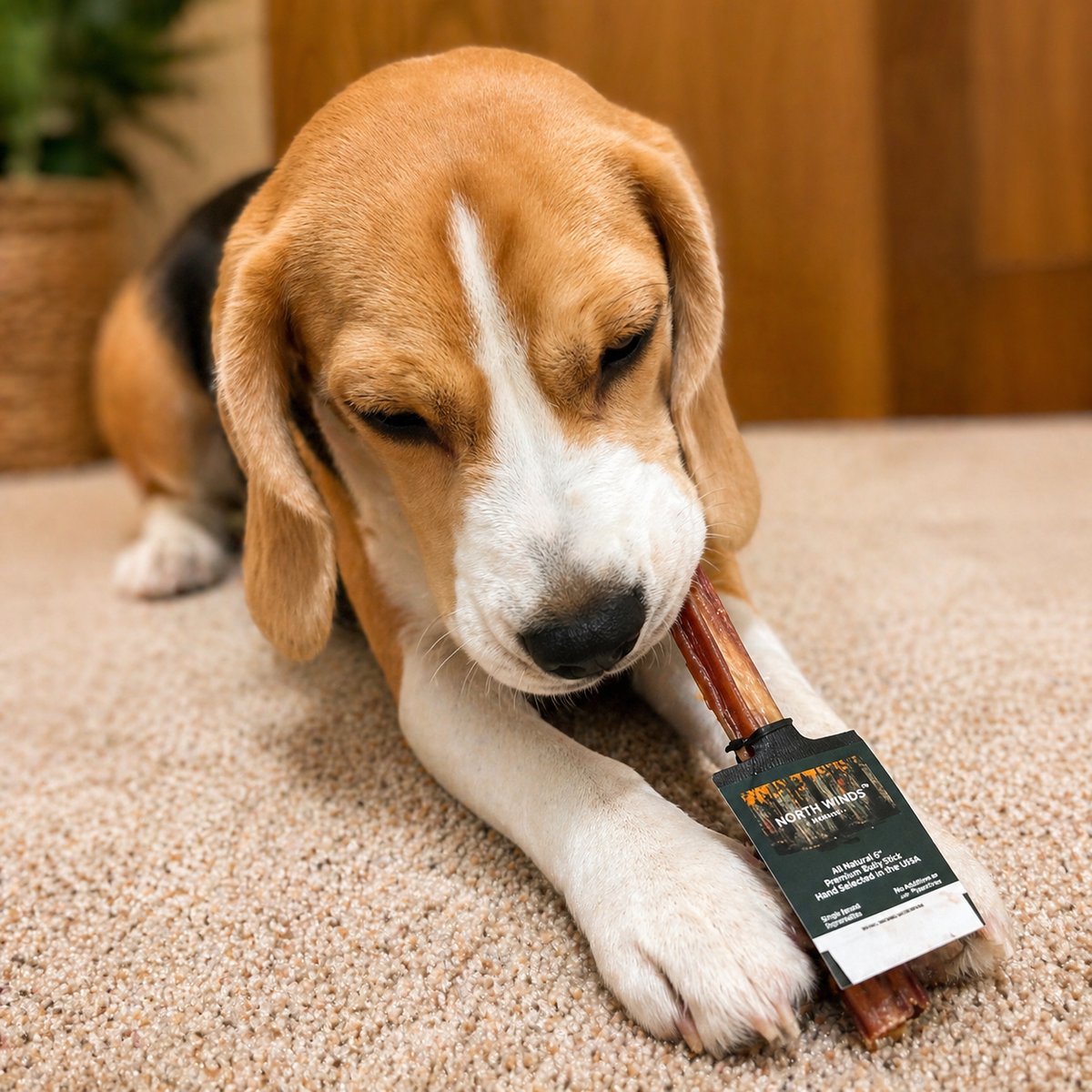 Dog enjoying a North Winds Premium Bully Stick